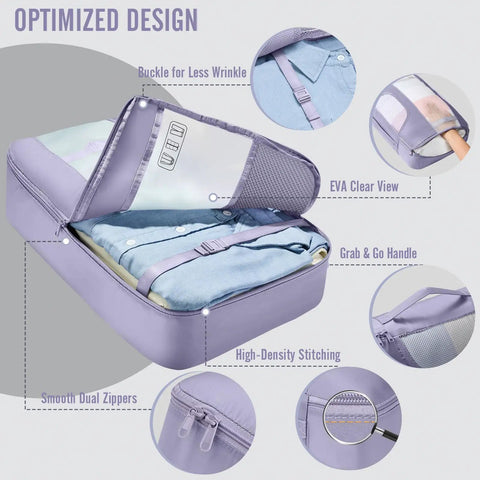 8 Piece Packing Cubes Set For Travel Essentials In Four Sizes, Luggage Organizer Bags With Laundry And Shoes Bag, features like buckle and handle.