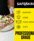 SAFESKIN nitrile exam gloves packaging with yellow panel; gloved hand mixing salad in a metal bowl.