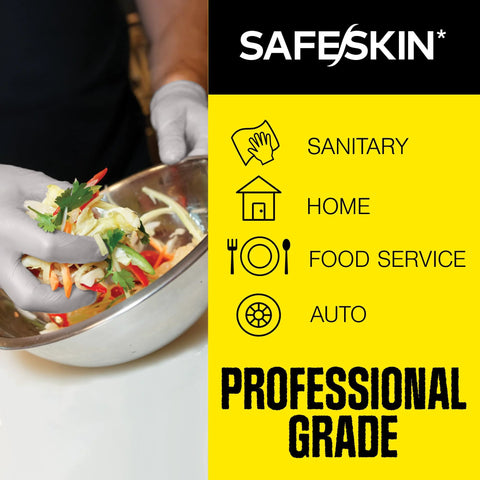 SAFESKIN nitrile exam gloves packaging with yellow panel; gloved hand mixing salad in a metal bowl.
