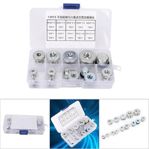 Ultimate 14 Pcs Oil Pan Drain Plug Set With Hex Socket Flange Nuts And M8 To M22 Bolts For Cars, Trucks And Machinery That Fit Like A Charm And Save Your Gears. Plastic case with 14 metric steel hex socket oil drain plugs M8-M22
