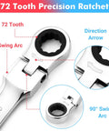 Close-up of 72-tooth ratchet head from 14-Piece Flex-Head Ratcheting Wrench Set With 72-Tooth Cr-V Steel Wrenches, SAE And Metric 5/16 To 11/16 And 8-16mm, 180 Degree Swivel Head, No-Slip Grip, Includes Handy Storage Bag For Your Truck And Garage Projects showing swing arc and direction arrow.