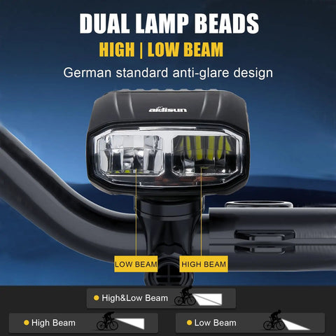 Beast Mode 1000 Lumen Front Bike Light With Dual Beam High Low For Night Riding mounted on bike handlebar