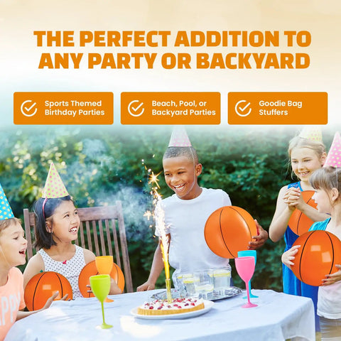 Kids at a party holding Pack Of 12 Inflatable 16 Inch Basketball Beach Balls For Pool Or Beach Fun, ideal for sports themed decor