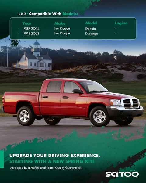 Red Dodge truck with a house in the background, compatible with Dodge Durango 98-03 3in/2in Leveling Lift Kit 4WD.