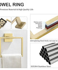 Brushed Gold Stainless Steel Towel Ring And Square Wall Mounted Towel Bar Set Heavy Duty Hand Towel Holder Rust Resistant SUS304