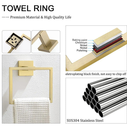 Brushed Gold Stainless Steel Towel Ring And Square Wall Mounted Towel Bar Set Heavy Duty Hand Towel Holder Rust Resistant SUS304
