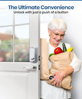 Smart Remote Door Lock Upgrade For Existing Deadbolt With 30 Second Tool Free Install on door, woman carrying groceries