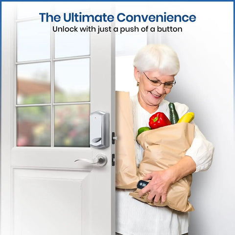 Smart Remote Door Lock Upgrade For Existing Deadbolt With 30 Second Tool Free Install on door, woman carrying groceries