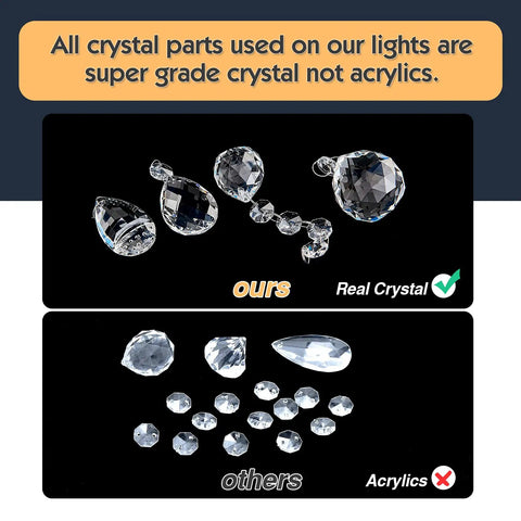 Image comparing real crystals to acrylics for Crystal Branch Chandelier Flush Mount With Vintage Farmhouse Vibe Matte Black 11 Inch.