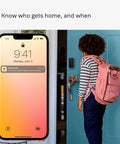 Child unlocking door with Yale lock, mobile showing status alert, featuring Wi-Fi Smart Module For Assure Digital Locks And Levers.