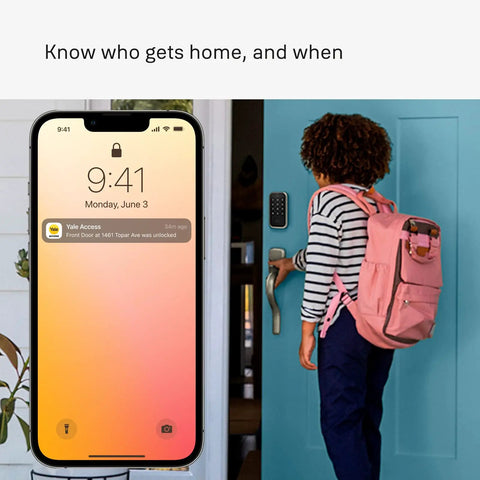 Child unlocking door with Yale lock, mobile showing status alert, featuring Wi-Fi Smart Module For Assure Digital Locks And Levers.