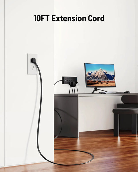 Heavy Duty Surge Protector Power Strip With Twelve AC Outlets Dual USB C Fast Charging Solid Slick Flat Plug Extension Cord Wall Mount Desk Charging Station Black Pack Of Two with 10ft extension cord in an office setting.