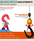 360° rotating hooks of Dremvoist 3 In 1 Electric Hoist Winch 1100 Lbs Pulling Power for safe lifting and stability.