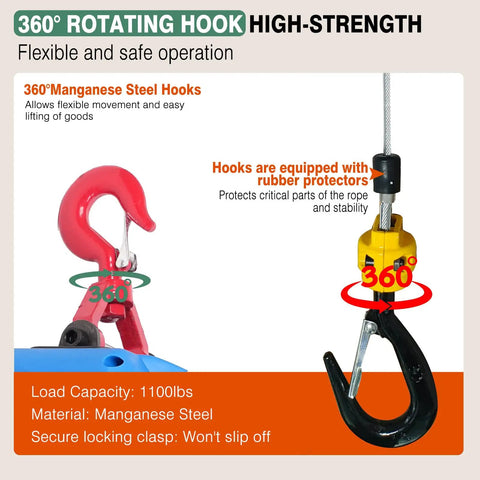 360° rotating hooks of Dremvoist 3 In 1 Electric Hoist Winch 1100 Lbs Pulling Power for safe lifting and stability.