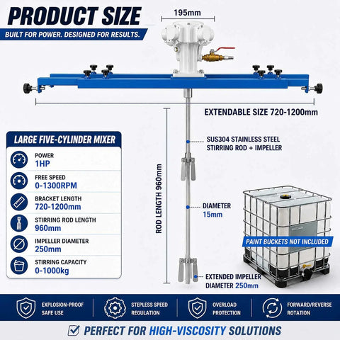 Industrial Pneumatic Paint Mixer For IBC Totes, 304 Stainless Steel Agitator, Pro Grade Heavy Duty Stirrer For Paint Resin Ink And Chemicals, Emulsion Mixing For 265 Gallon Capacity Tanks, Efficient Convection And Shear Action, size chart