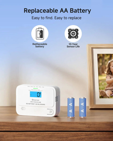 Compact Carbon Monoxide Detector With Bright Digital Display And UL Certification For Hassle Free Setup showing replaceable AA batteries.