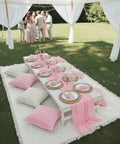 Extra Large Boho Picnic Blanket Set with Pink Table Runner 91 by 71 Inches Includes Six Pillow Covers and Six Napkins in garden setting