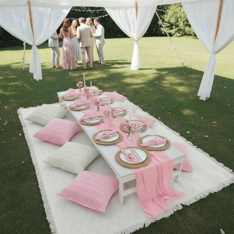 Extra Large Boho Picnic Blanket Set with Pink Table Runner 91 by 71 Inches Includes Six Pillow Covers and Six Napkins in garden setting