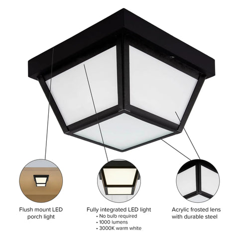 9 Inch Black LED Outdoor Ceiling Light With Frosted Lens, 3000K Warm White, 1000 Lumens, Wet Rated, exterior lighting