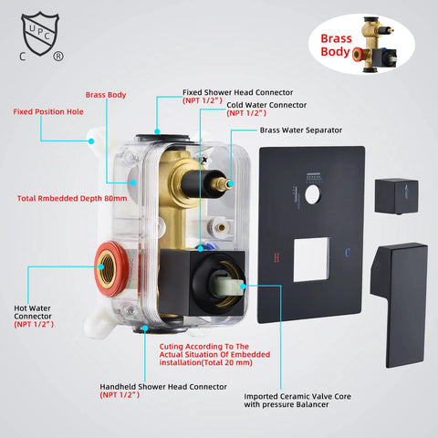 Brass water separator for Black 10 Inch Rain Shower System With Wall Mounted Mixer, luxury spa grade set components