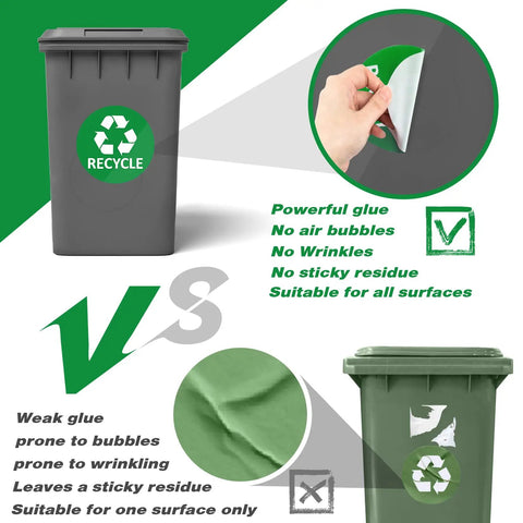 3 Recycling Stickers And 3 Trash Stickers For Trash Can Labels, Durable Vinyl Signs For Recycling And Garbage Sorting In Kitchen, Home, Office, Apartment, Hotel, And Events shown on green and gray trash bins, demonstrating adhesive quality.
