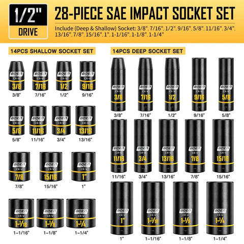One Half Inch Drive Impact Socket Set, 65 Piece SAE And Metric Deep And Shallow Sockets With Embossed Painted Markings, Adapters, Ratchet Wrench, Extension Bars, Pro Grade Heavy Duty All In One Tool Kit For Mechanics.