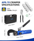 Hand Operated Hydraulic Crimping Tool For Electrical Cables, 8 Ton Capacity, Crimps 12 AWG To 00 Gauge, Includes 9 Die Set, Blue Pro Grade Cable Lug Crimper Kit shown with specifications and components.