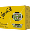 Box displaying JoyJolt 24Pc Borosilicate Glass Storage Containers With Lids For Meal Prep And Lunch, Airtight Freezer Safe Options