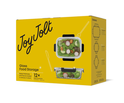 Box displaying JoyJolt 24Pc Borosilicate Glass Storage Containers With Lids For Meal Prep And Lunch, Airtight Freezer Safe Options