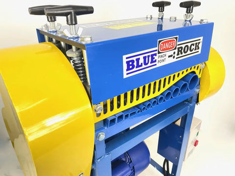 Model 930 Motorized Wire Stripper Workhorse close-up showing 11 cutting channels and auto feed rollers for scrap copper reuse