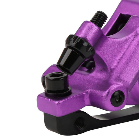 Top Shelf Mechanical Disc Brake Pair Aluminum Alloy Build For Mountain And Road Bikes Beast Mode Stopping Power close-up view of violet caliper.