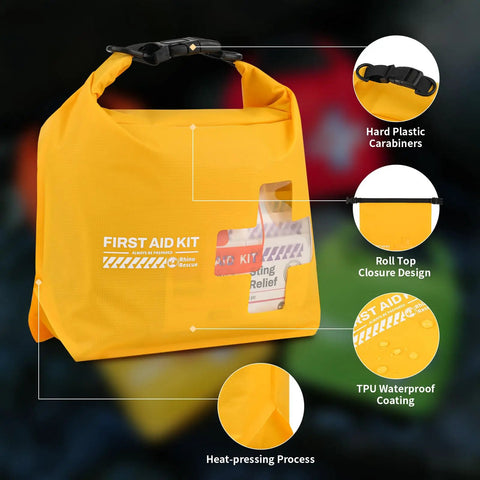 Waterproof Boat First Aid Kit In A Roll Top Dry Bag For Kayak Fishing And Outdoor Adventures Marine Survival Emergency Medical Supplies You Can Count On with hard plastic carabiners and TPU waterproof coating.