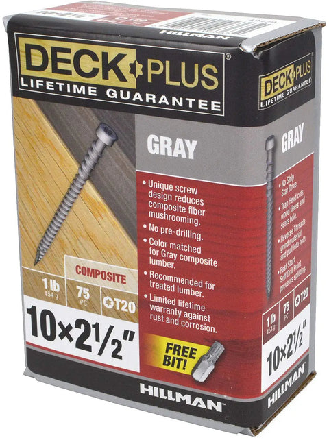 Gray Deck Screws 75 Piece Set For Composite And Treated Wood With Ceramic Coating packaging box showing screw and details.