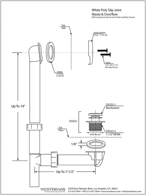 White Poly Slip Joint Waste & Overflow system schematic with dimensions and components for bathtub installations.