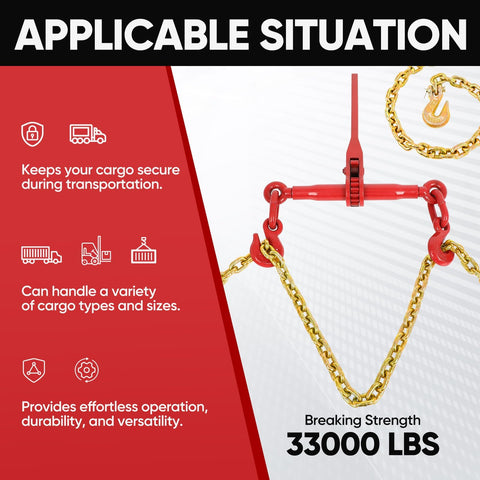 Heavy Duty Chain And Binder Set For Flatbed Tie Downs Three Eighths Inch By Ten Feet Chains With Two Ratchet Binders 33,000 Lbs