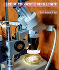 144 LED Microscope Ring Light With Adjustable Brightness And Stepless Dimming For Shadow Free Crystal Clear Observations In Lab Or Field Work Pro Grade Quality mounted on stereo microscope