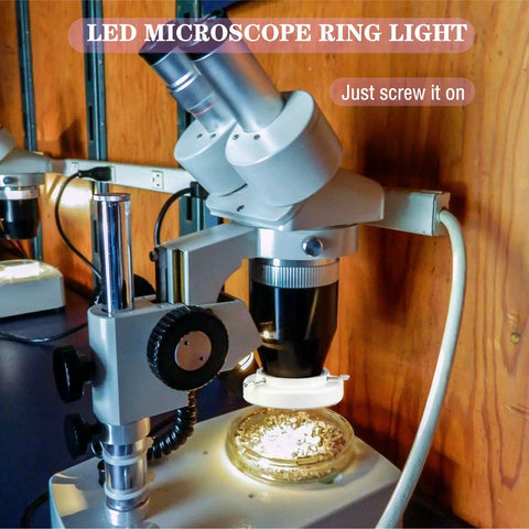 144 LED Microscope Ring Light With Adjustable Brightness And Stepless Dimming For Shadow Free Crystal Clear Observations In Lab Or Field Work Pro Grade Quality mounted on stereo microscope
