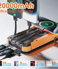 Portable Solar Charger And Power Bank With Wireless Fast Charging, 20000mAh Battery Pack, USB-C Input, 6 Outputs, Orange