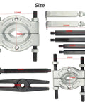 5 Ton Bearing Separator and Puller Set with 2 Inch and 3 Inch Jaw Bearing Splitter Remover Tool Kit components with dimensions