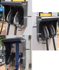 Heavy Duty EV Charger Cover With Metal Wall Mount For Electric Vehicle Charging Station Rain Shield Hood showing dimensions and connectors.