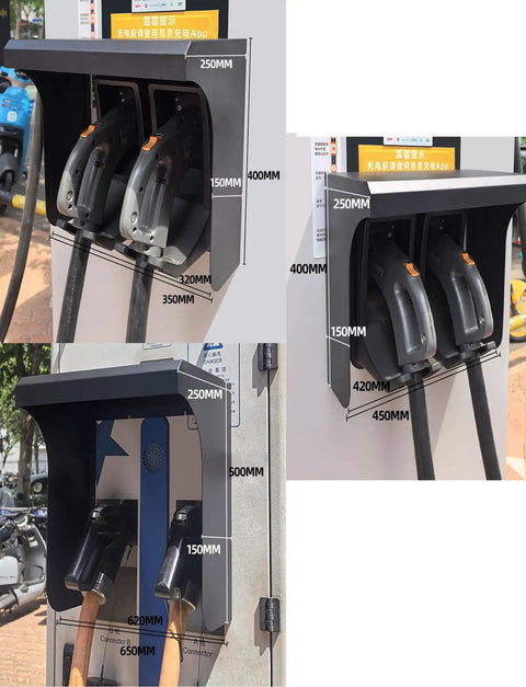 Tough As Nails Ev Charger Cover Wall Mounted Heavy Duty Metal Shield with dual ports, dimensions on view, sleek weatherproof design.