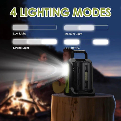 Portable 350W Power Inverter For Ryobi 40V Batteries showcasing LED light modes near campfire.