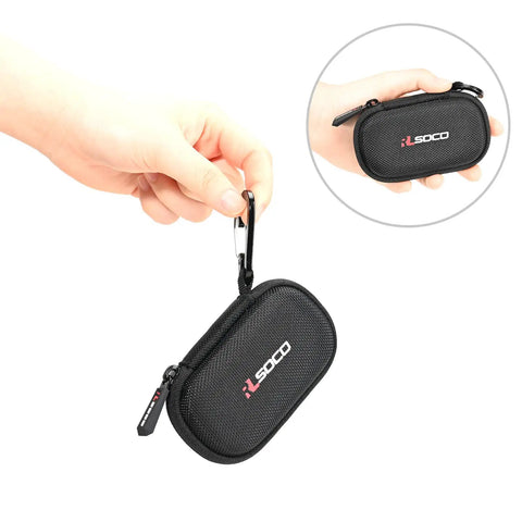 Black hard case for Kingston XS1000 XS2000 XS1000R SSD with custom foam interior and carabiner clip held in hand, compact for travel.