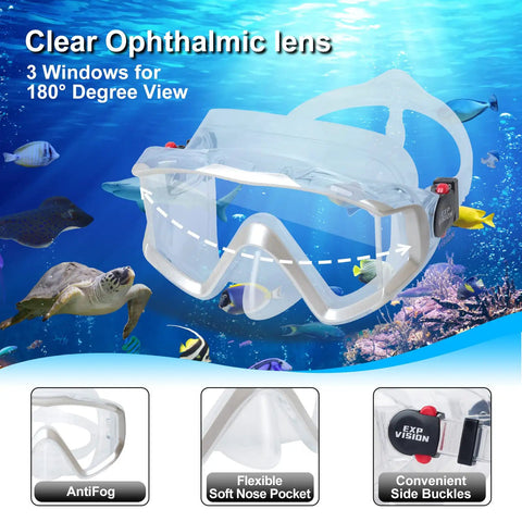 Panoramic 3 Window Snorkel Mask Set for Adults Pro Grade Anti Fog Anti Leak Dry Top Diving Gear with Hypoallergenic Silicone Skirt