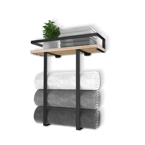 Wall Mounted Towel Rack With Wooden Shelf For Folding Large Towels Metal Towel Holder Perfect For Small Bathrooms Apartments RVs And Campers Space Saving Bathroom Organizer Decor For Any Wall with towels and plant