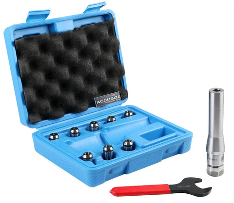 R8 Shank ER16 Collet System 8 Piece Set With 3 Thirty Second Inch To 3 Eighths Inch Collets Includes 1 Wrench In A Fitted Box open case