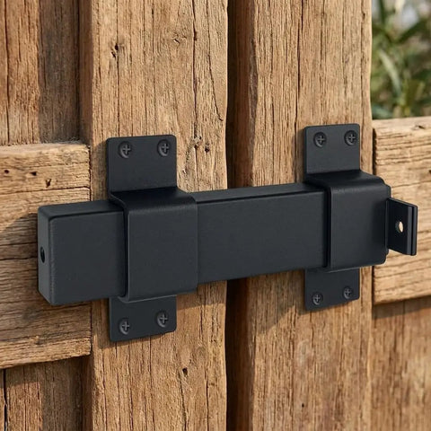 Built Tough As Nails Adjustable Slide Gate Latch 2 Pack Rugged Steel Fence Door Lock on wooden gate close-up.