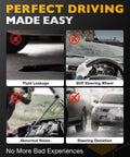Infographic showing four car steering problems: fluid leakage, stiff steering wheel, abnormal noise, steering deviation.