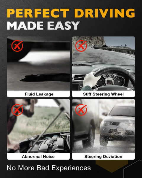 Infographic showing four car steering problems: fluid leakage, stiff steering wheel, abnormal noise, steering deviation.