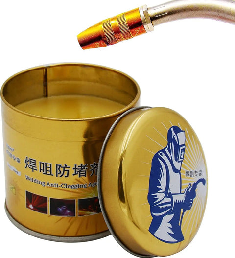 Open metal tin of Anti Spatter Welding Nozzle Gel For MIG Nozzles And Tips Keeps Your Nozzle Clean Prevents Clogs And Erratic Operation